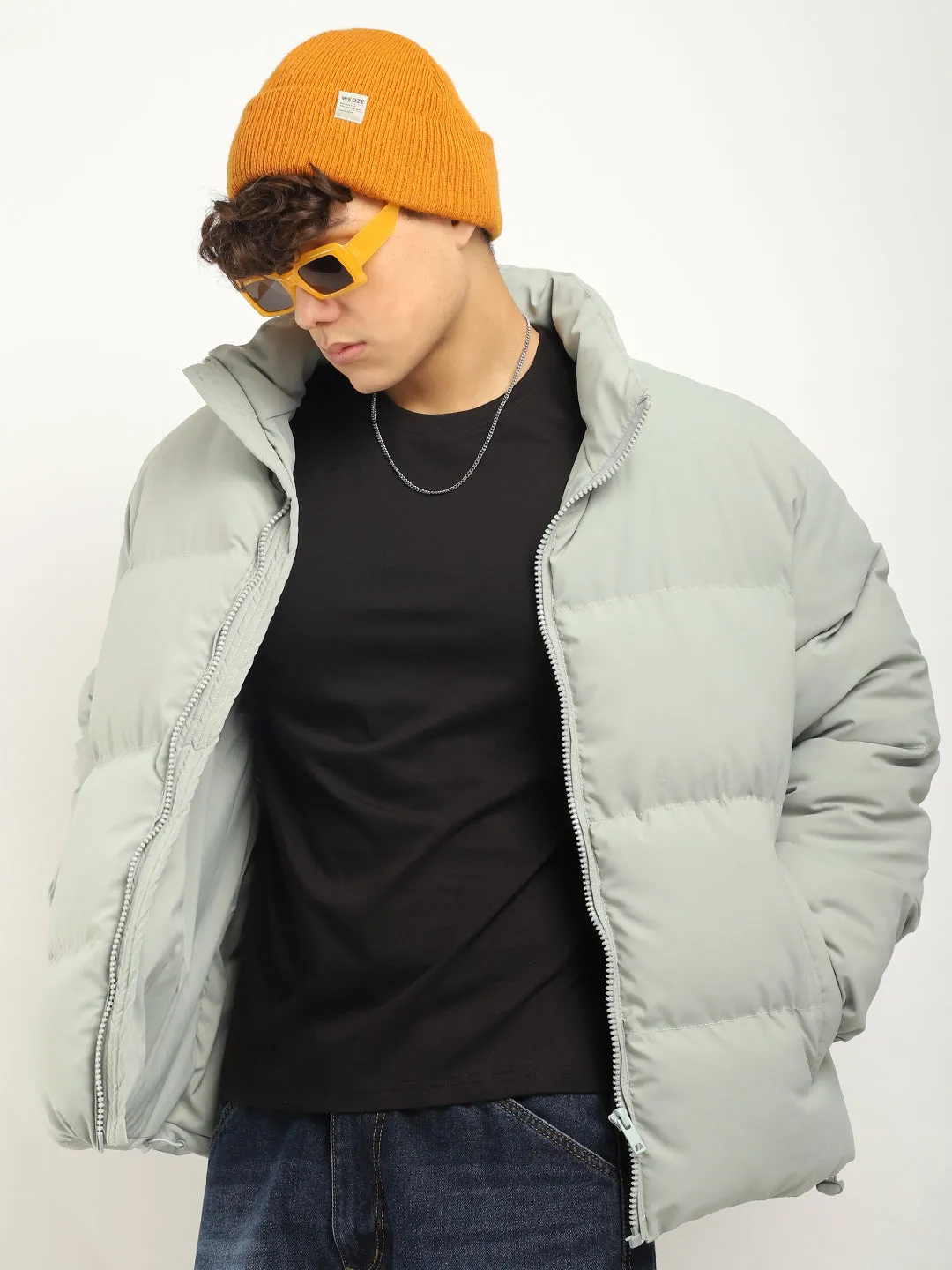 Urban Street Style Mint Blue Oversized Puffer Jacket