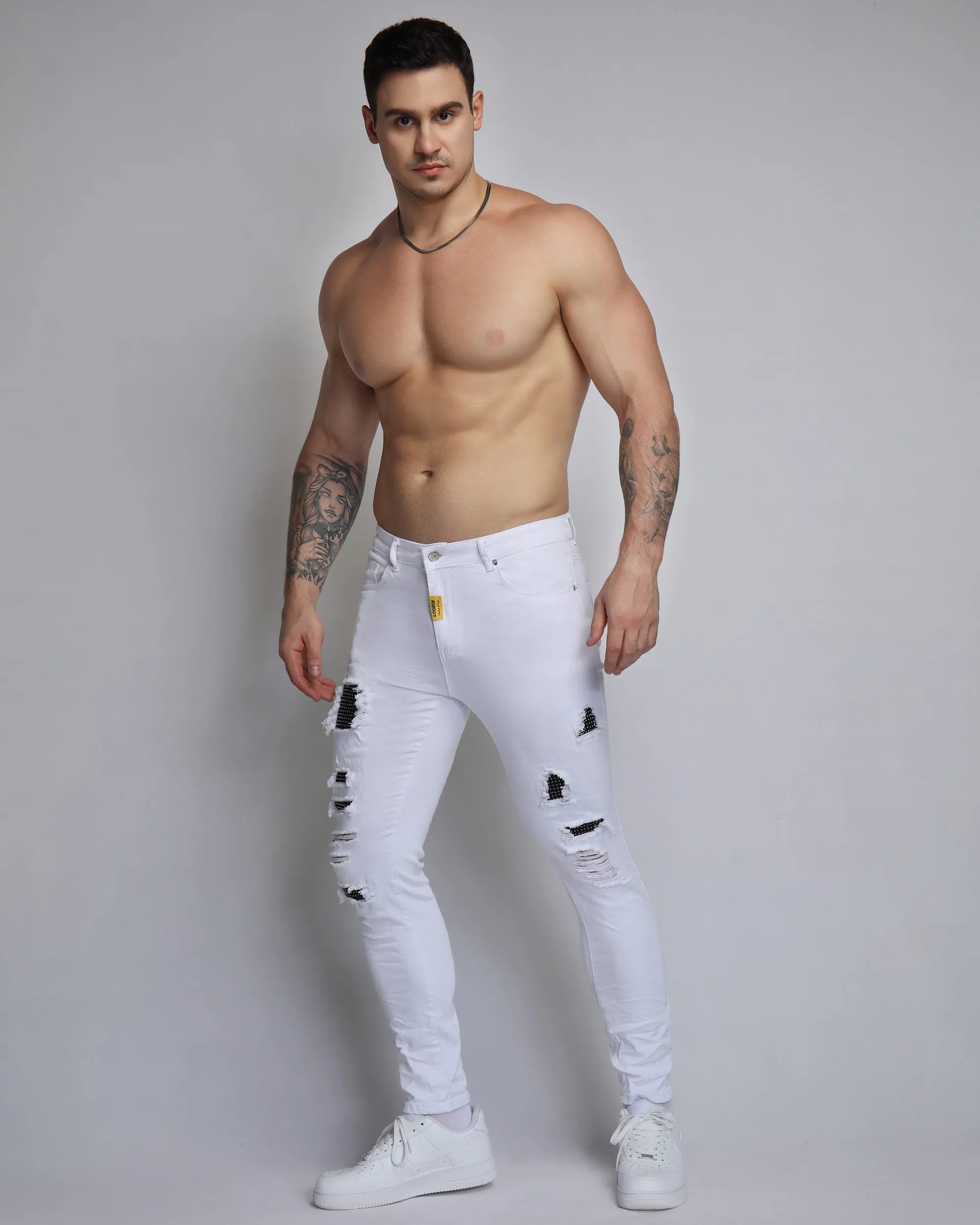 White Ripped Jeans with Dimond Patch-Mexico Local Delivery