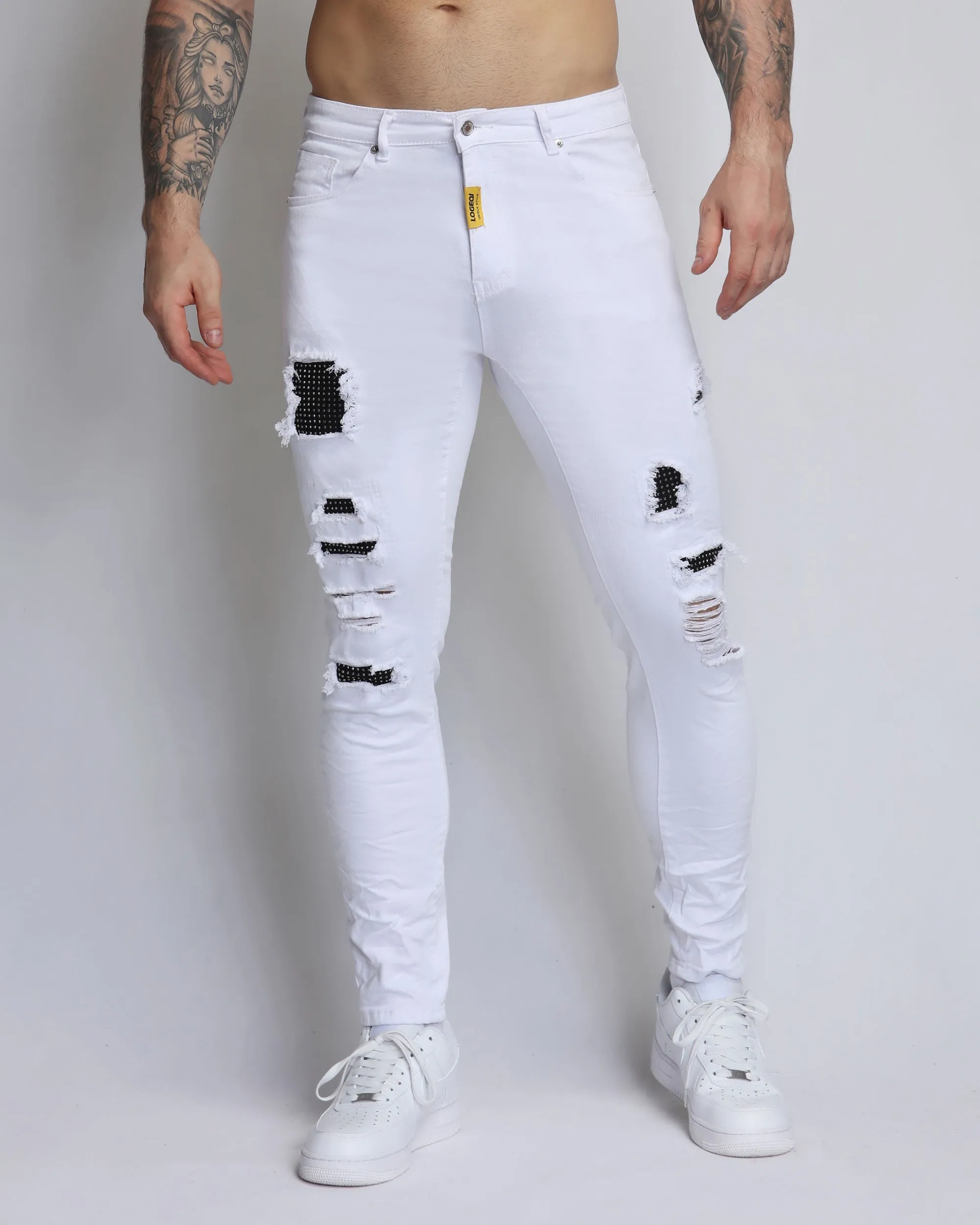 White Ripped Jeans with Dimond Patch-Mexico Local Delivery
