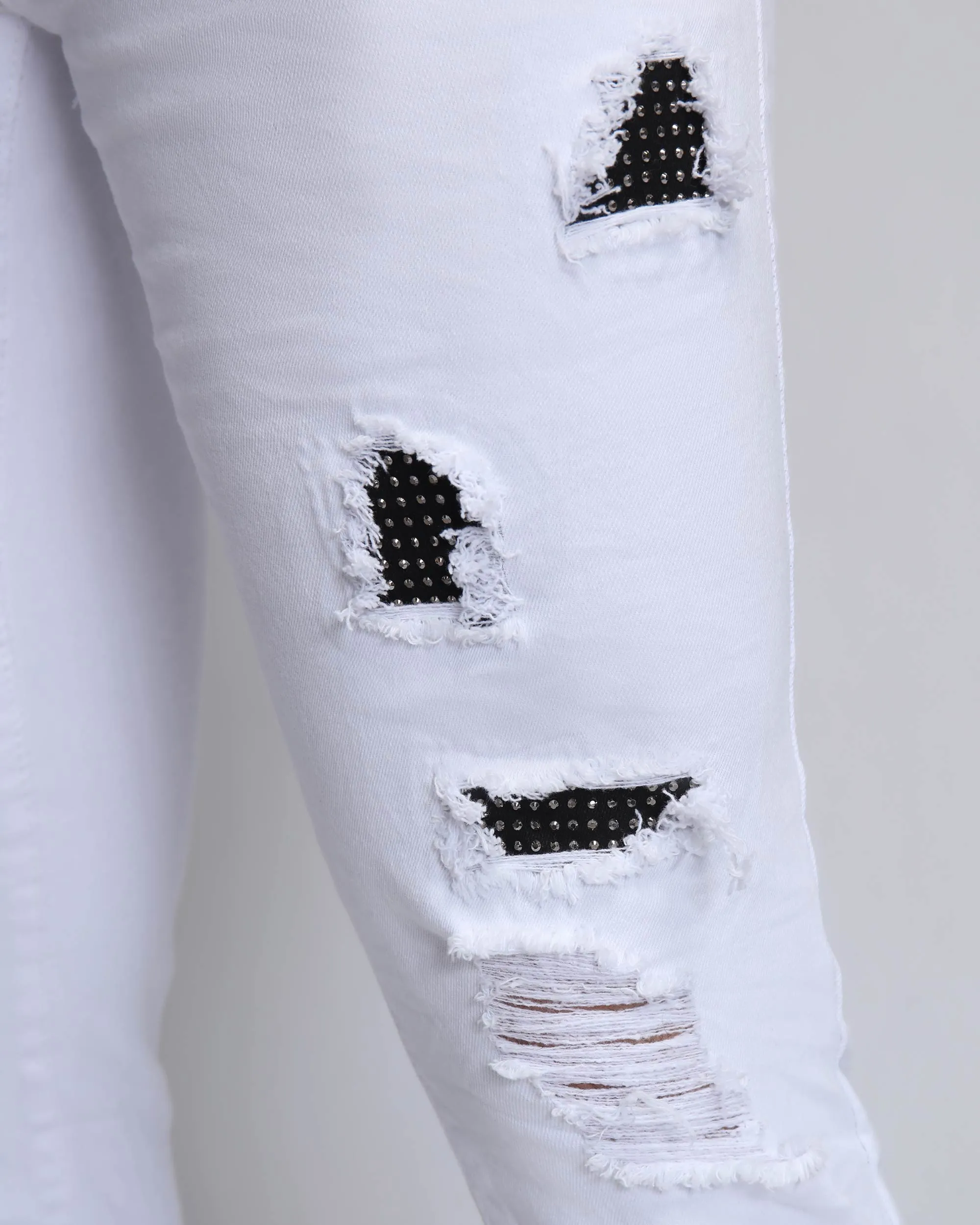 White Ripped Jeans with Dimond Patch-Mexico Local Delivery
