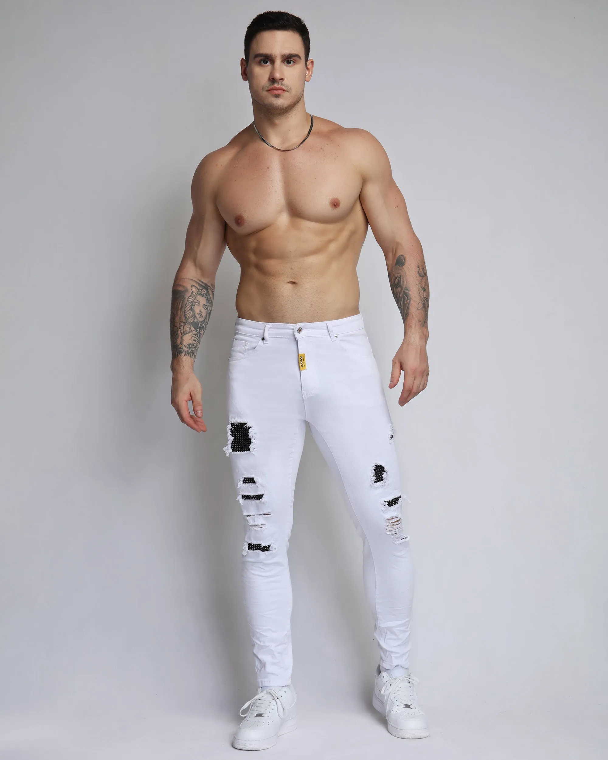 White Ripped Jeans with Dimond Patch-Mexico Local Delivery