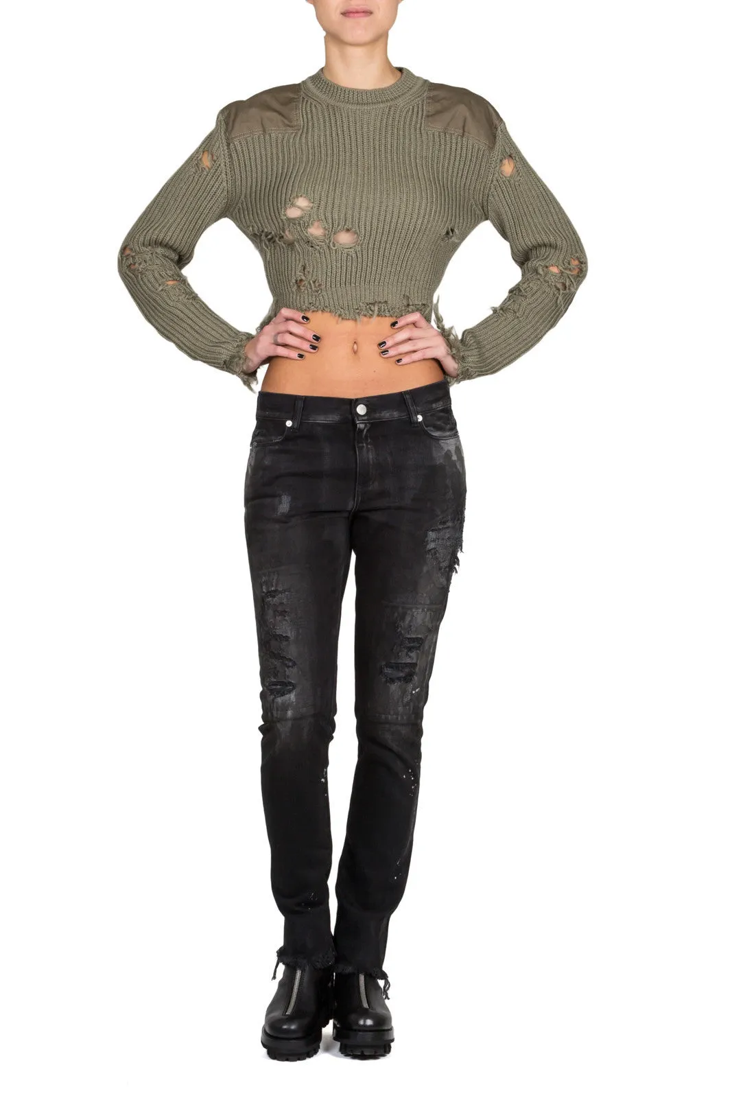 Womens Destroyed Cropped Sweater With Patches
