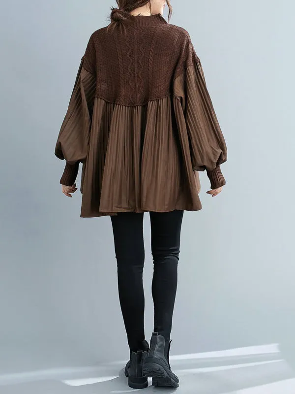 xakxx Stylish Knitting Split-Joint Puff Sleeve Shirt Pullover Top