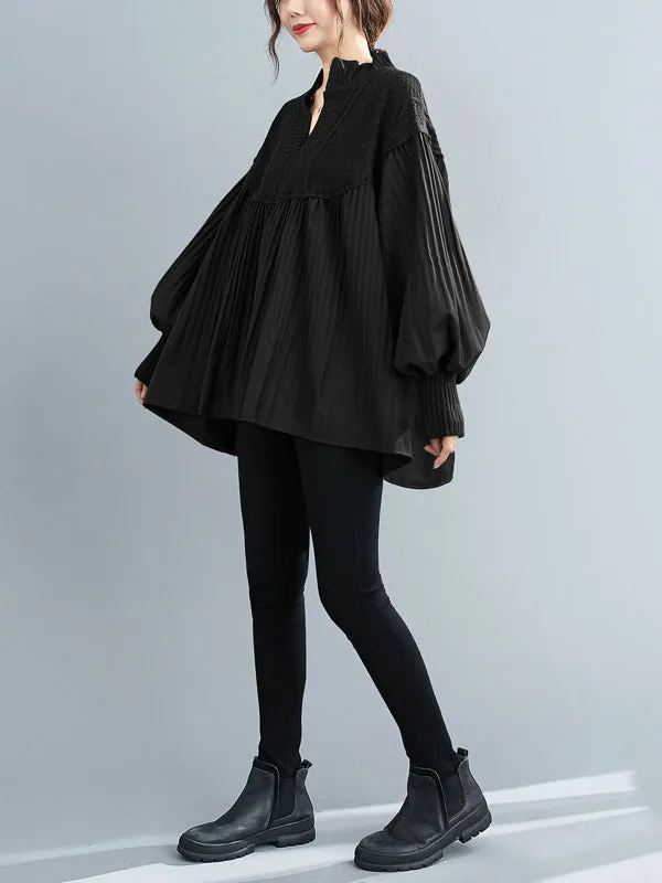 xakxx Stylish Knitting Split-Joint Puff Sleeve Shirt Pullover Top