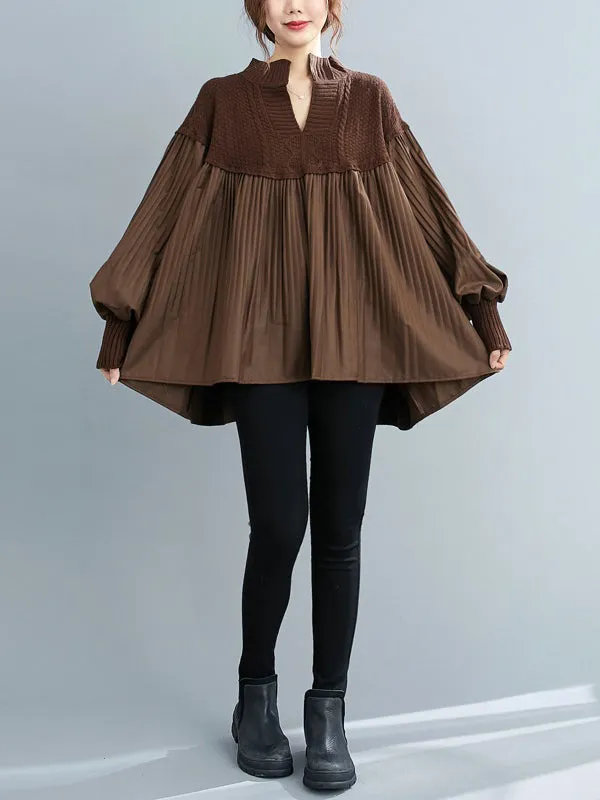 xakxx Stylish Knitting Split-Joint Puff Sleeve Shirt Pullover Top