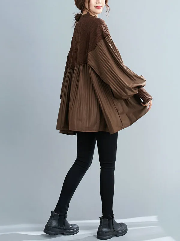 xakxx Stylish Knitting Split-Joint Puff Sleeve Shirt Pullover Top