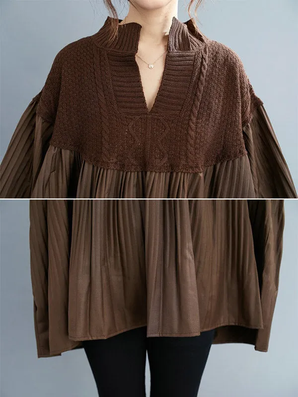 xakxx Stylish Knitting Split-Joint Puff Sleeve Shirt Pullover Top