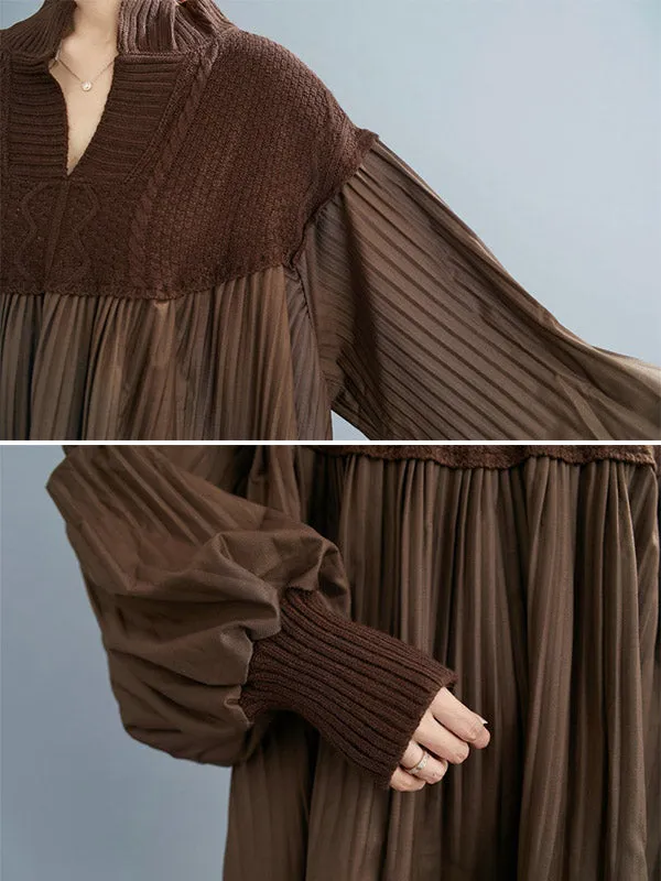 xakxx Stylish Knitting Split-Joint Puff Sleeve Shirt Pullover Top