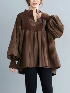 xakxx Stylish Knitting Split-Joint Puff Sleeve Shirt Pullover Top