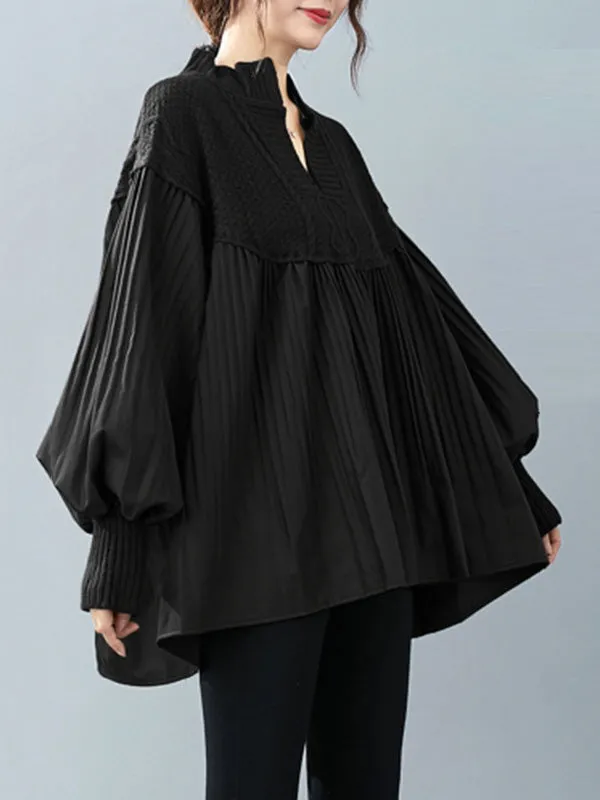 xakxx Stylish Knitting Split-Joint Puff Sleeve Shirt Pullover Top