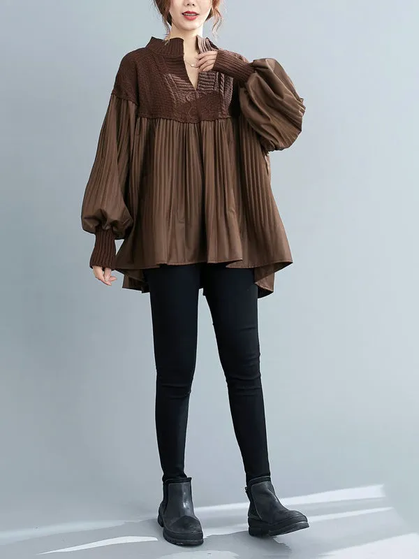xakxx Stylish Knitting Split-Joint Puff Sleeve Shirt Pullover Top