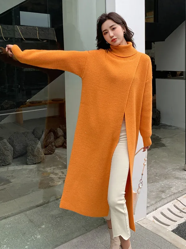 xakxx Stylish Long Sleeves Split-Front Solid Color High-Neck Sweater Tops