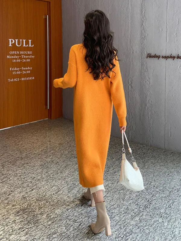 xakxx Stylish Long Sleeves Split-Front Solid Color High-Neck Sweater Tops