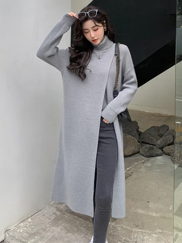xakxx Stylish Long Sleeves Split-Front Solid Color High-Neck Sweater Tops