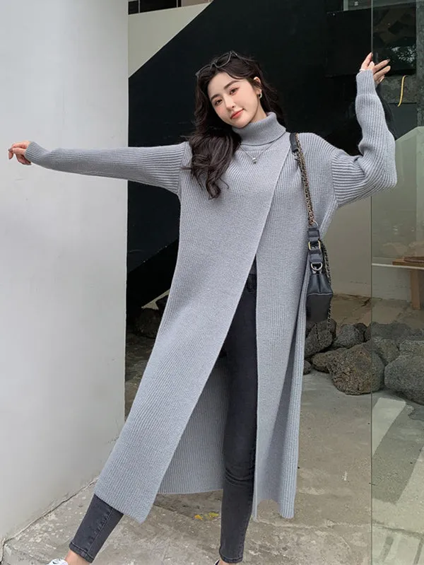 xakxx Stylish Long Sleeves Split-Front Solid Color High-Neck Sweater Tops