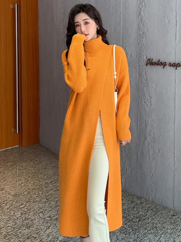 xakxx Stylish Long Sleeves Split-Front Solid Color High-Neck Sweater Tops
