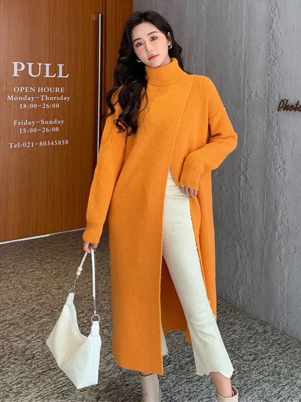 xakxx Stylish Long Sleeves Split-Front Solid Color High-Neck Sweater Tops
