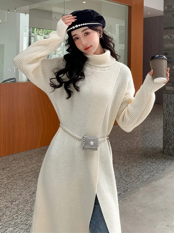 xakxx Stylish Long Sleeves Split-Front Solid Color High-Neck Sweater Tops