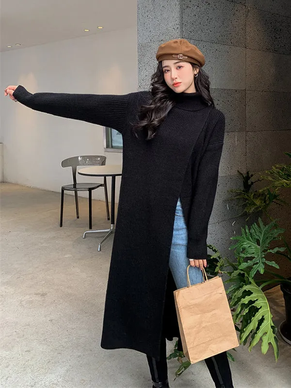 xakxx Stylish Long Sleeves Split-Front Solid Color High-Neck Sweater Tops