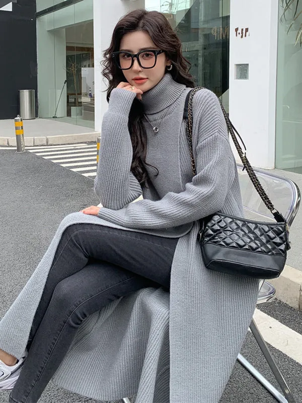 xakxx Stylish Long Sleeves Split-Front Solid Color High-Neck Sweater Tops