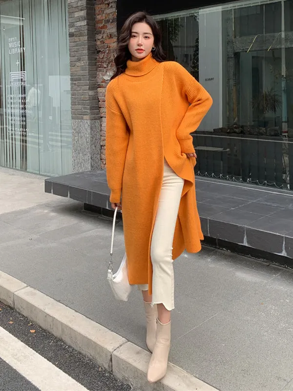 xakxx Stylish Long Sleeves Split-Front Solid Color High-Neck Sweater Tops