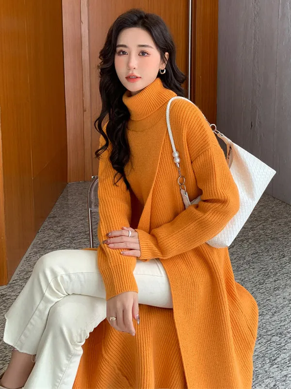 xakxx Stylish Long Sleeves Split-Front Solid Color High-Neck Sweater Tops