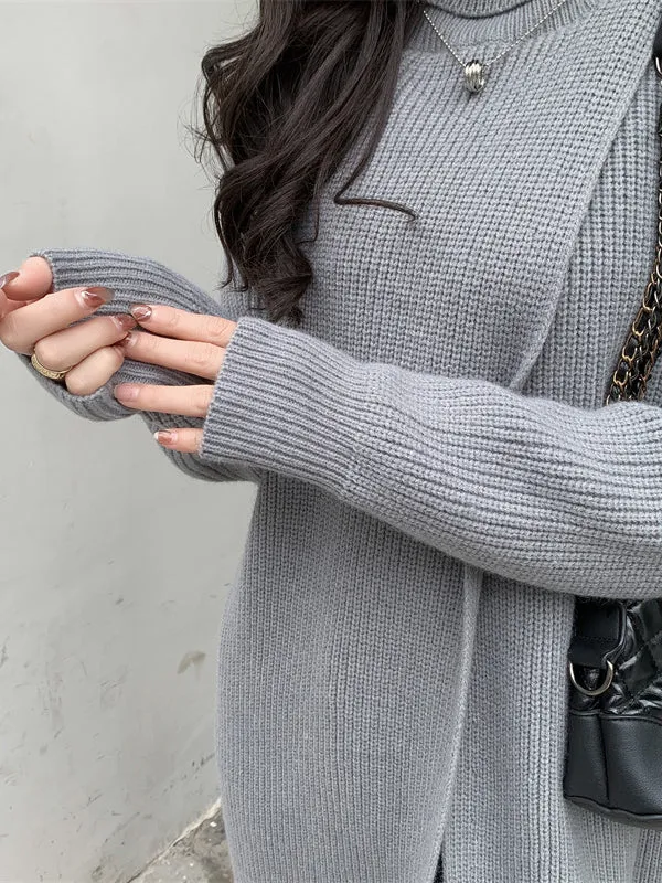 xakxx Stylish Long Sleeves Split-Front Solid Color High-Neck Sweater Tops