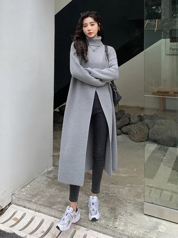 xakxx Stylish Long Sleeves Split-Front Solid Color High-Neck Sweater Tops