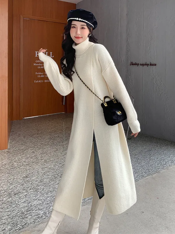 xakxx Stylish Long Sleeves Split-Front Solid Color High-Neck Sweater Tops