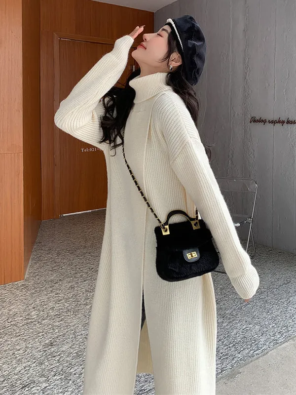 xakxx Stylish Long Sleeves Split-Front Solid Color High-Neck Sweater Tops