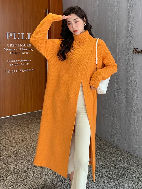 xakxx Stylish Long Sleeves Split-Front Solid Color High-Neck Sweater Tops