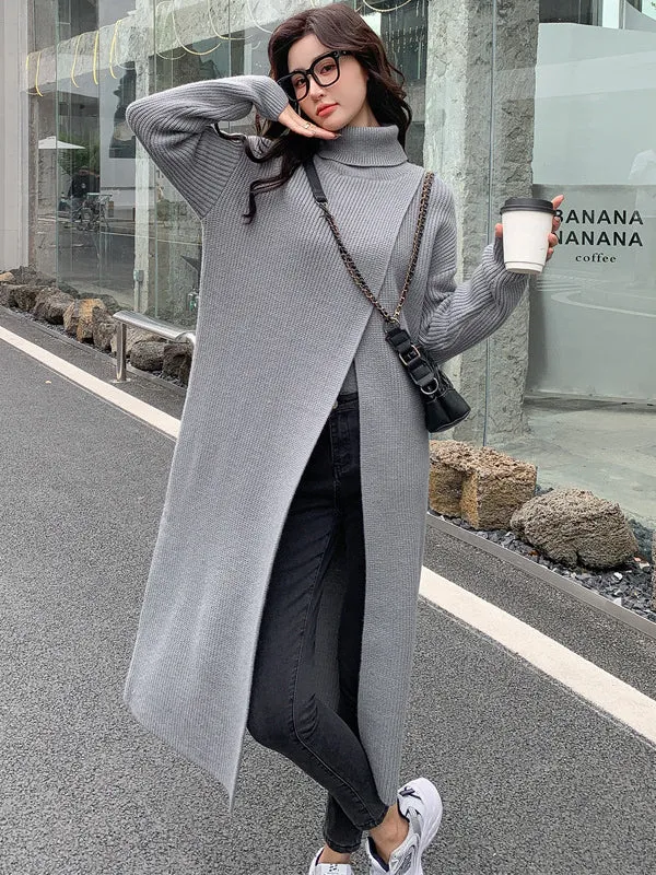 xakxx Stylish Long Sleeves Split-Front Solid Color High-Neck Sweater Tops