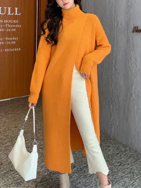 xakxx Stylish Long Sleeves Split-Front Solid Color High-Neck Sweater Tops