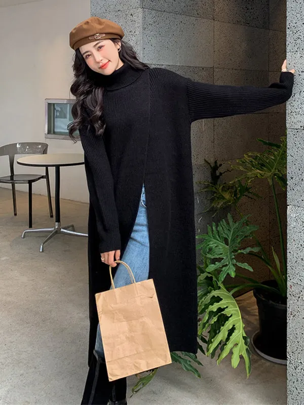 xakxx Stylish Long Sleeves Split-Front Solid Color High-Neck Sweater Tops