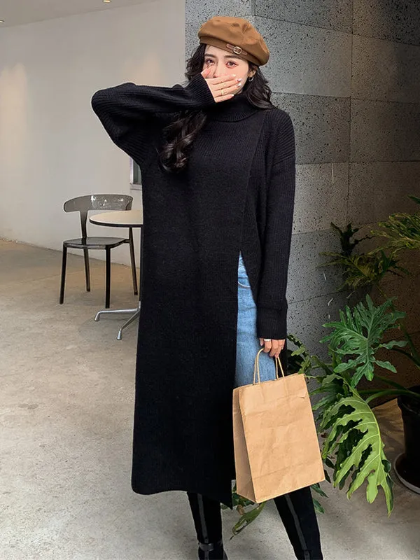 xakxx Stylish Long Sleeves Split-Front Solid Color High-Neck Sweater Tops