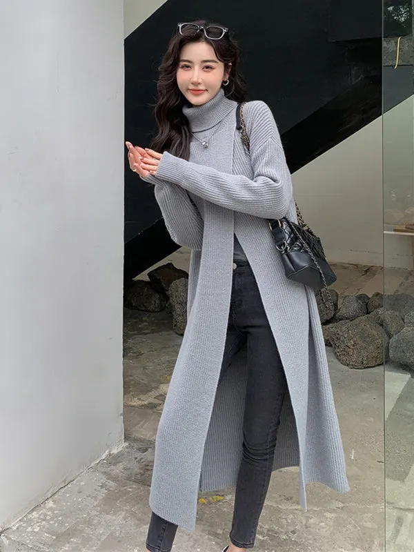 xakxx Stylish Long Sleeves Split-Front Solid Color High-Neck Sweater Tops
