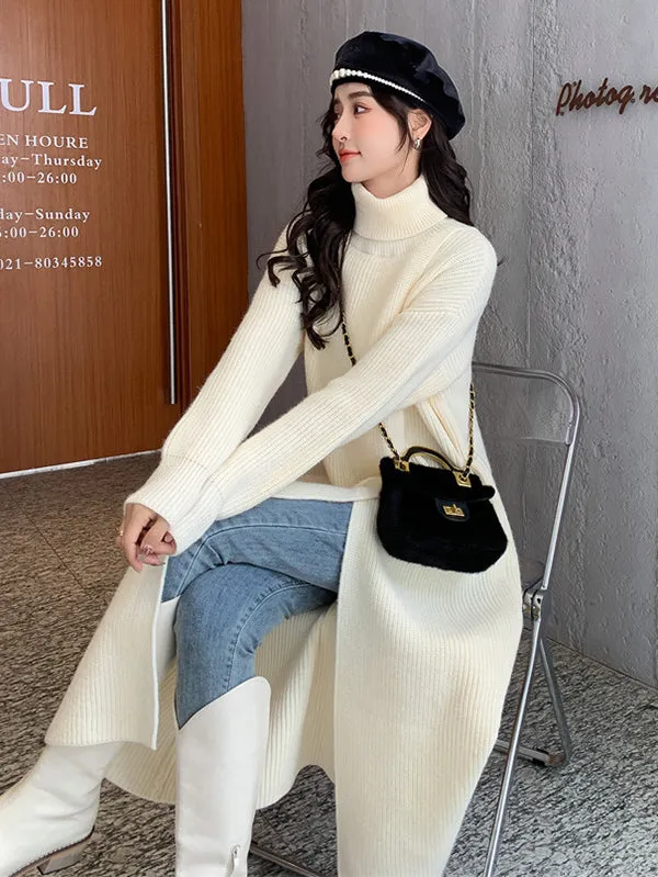 xakxx Stylish Long Sleeves Split-Front Solid Color High-Neck Sweater Tops