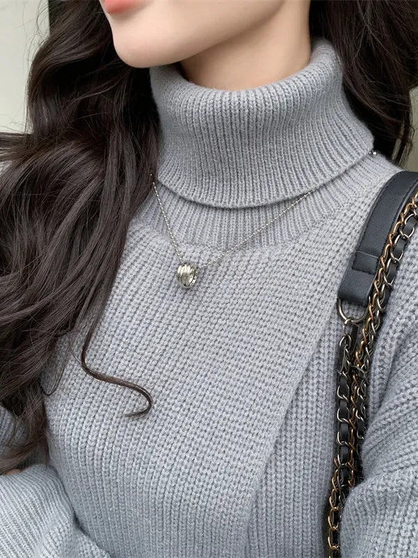 xakxx Stylish Long Sleeves Split-Front Solid Color High-Neck Sweater Tops