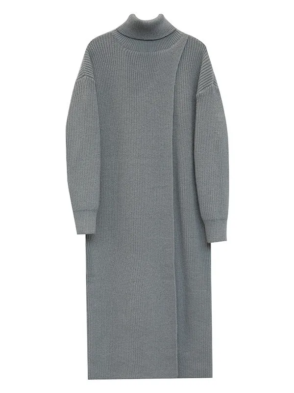 xakxx Stylish Long Sleeves Split-Front Solid Color High-Neck Sweater Tops